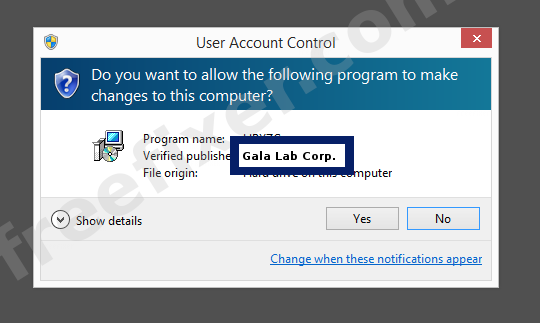 Screenshot where Gala Lab Corp. appears as the verified publisher in the UAC dialog